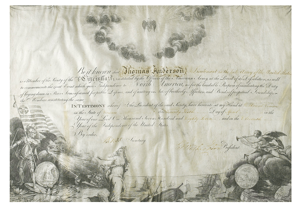 (AMERICAN REVOLUTION.) GEORGE WASHINGTON. Partly-printed vellum Document Signed, G:Washington, as President of the Society of the Cin
